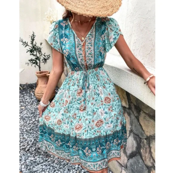 Boho floral print V neck ruffle hem dress - Picture 6 of 6